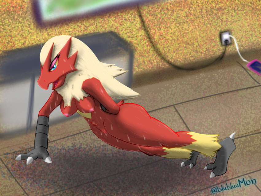 4:3 anthro bird_feet blaziken blubluumon blue_eyes bodily_fluids breasts butt claws exercise female genitals hand_behind_back hi_res nintendo pok&eacute;mon pok&eacute;mon_(species) push-up pussy red_body solo sweat video_games