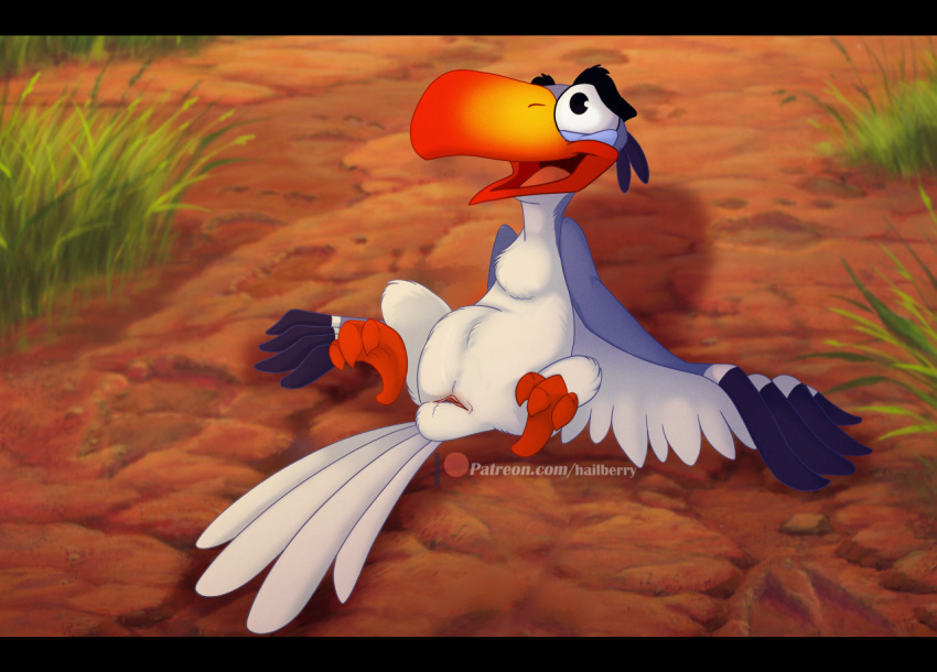 animal_genitalia avian beak bird black_bars bucerotiform cloaca disney feathers feral genitals hailberry hornbill letterbox male open_beak open_mouth solo spread_legs spreading text the_lion_king url wings zazu