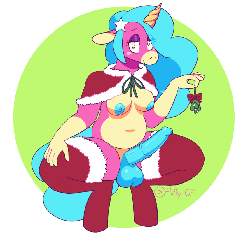 &lt;3 &lt;3_eyes 2019 animal_genitalia animal_penis anthro areola balls bedroom_eyes big_balls big_penis biped blue_hair blue_penis blush breasts christmas christmas_clothing circle_background clothing countershading crouching equid equine equine_penis erection fluffy_gf fur genitals glans gloves_(marking) gynomorph hair hi_res holidays hooves horn humanoid_genitalia humanoid_penis hybrid_genitalia hybrid_penis intersex leggings legwear long_hair mammal markings medial_ring mistletoe narrowed_eyes nipples penis pink_body pink_fur plant seductive simple_background slightly_chubby small_breasts smile solo star_hair_accessory stella_(fluffy_gf) tan_body tan_countershading trans_(lore) trans_woman_(lore) unicorn