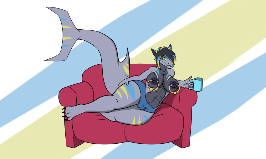 absurd_res anthro bottomwear clothing container cup female fin fish fupa furniture hi_res lying marine nipple_piercing nipples piercing ring shark shark_tail shorts smile smirk smug sofa solo tattoo the0blank0slate thick_thighs