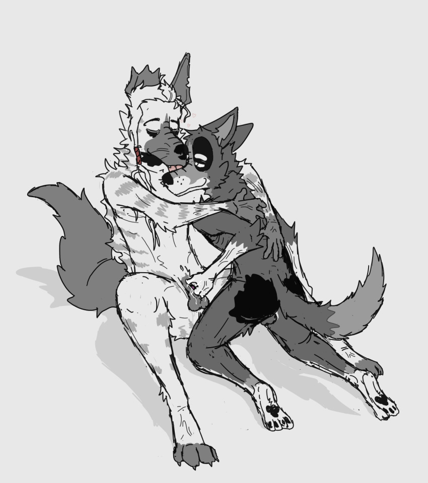 anthro balls bodily_fluids butt canid canine canis domestic_dog duo embrace fingering_sheath genital_fluids genitals hi_res hug hyaenid leaning_on_another licking licking_another licking_partner male male/male mammal precum precum_on_finger rear_view ricthecusco size_difference skinny striped_hyena tongue tongue_out