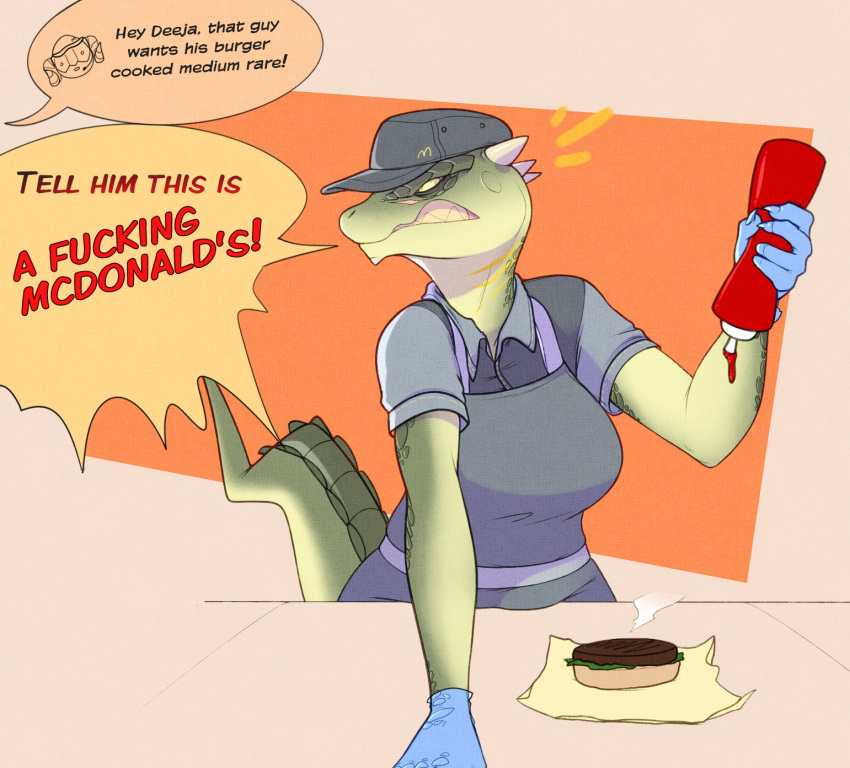 angry anthro apron argonian armor bethesda_softworks breasts burger clothed clothing cokesero cooking deeja dialogue dragonborn_(skyrim) duo english_text female food gloves handwear hat headgear headwear helmet hi_res human ketchup male mammal mcdonald's meat scalie scar solo_focus text the_elder_scrolls uniform video_games yelling