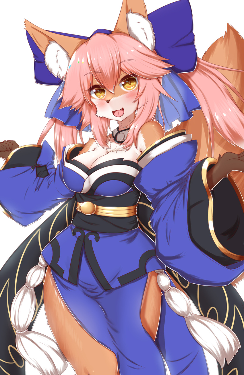 2021 accessory anthro big_breasts blush breasts brown_body brown_fur canid canine caster_tamamo-no-mae cleavage clothed clothing cute_fangs fate_(series) female fox fur hair hair_accessory hair_bow hair_ribbon hi_res horokusa0519 inner_ear_fluff kemono mammal multicolored_body multicolored_fur open_mouth pink_hair ribbons smile solo tongue tuft two_tone_body two_tone_fur white_body white_fur yellow_eyes