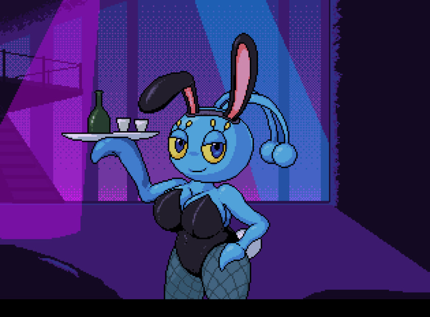 2021 animated big_breasts blue_body blue_skin bottle bouncing_breasts breasts bunny_costume cleavage clothed clothing costume dating_sim dialog_box dialogue digital_media_(artwork) english_text fake_ears fake_rabbit_ears fake_tail female fishnet fishnet_legwear glass hand_on_hip holding_object humanoid legendary_pok&eacute;mon legwear looking_at_viewer manaphy naughtysableye nightclub nintendo pixel_(artwork) pixel_animation pok&eacute;mon pok&eacute;mon_(species) short_playtime solo spotlight talking_to_viewer text tray video_games waiter yellow_eyes