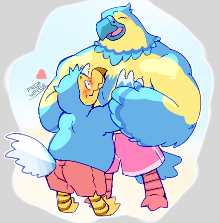 &lt;3 2021 accipitrid accipitriform animal_crossing anthro anthro_on_anthro avian beak bird blush border clothed clothing columbid dodo duo eagle eyes_closed feathers grey_border hand_on_chest hi_res keaton_(animal_crossing) male male/male megawaffle_(artist) muscular muscular_anthro muscular_male nintendo open_mouth open_smile orville_(animal_crossing) signature simple_background size_difference smile standing talons thought_bubble topless topless_male underwear video_games white_background wide_eyed