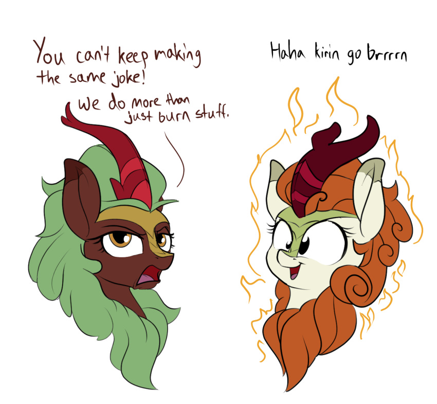 2021 annoyed asian_mythology autumn_blaze_(mlp) brown_body brown_eyes brown_fur brown_mane brown_scales chinese_mythology cinder_glow_(mlp) dialogue dipstick_ears duo east_asian_mythology english_text eyebrows eyelashes female feral fire friendship_is_magic fur green_body green_mane green_scales hasbro hi_res horn kirin mammal mane multicolored_ears my_little_pony mythology open_mouth open_smile rocket-lawnchair scales simple_background smile tan_body tan_fur text white_background