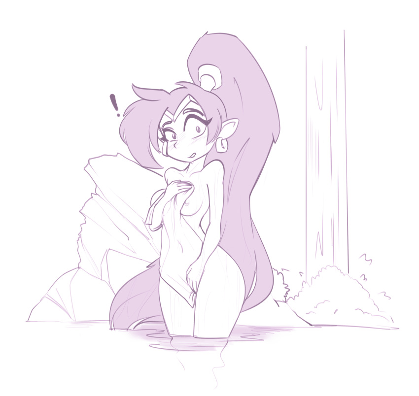 ! 2021 blush breasts conditional_dnp ear_piercing ear_ring eyebrows female fingers hair hi_res humanoid long_hair looking_at_viewer nipples nude piercing shantae shantae_(series) skinny_dipping solo sugarlesspaints video_games water waterfall wayforward