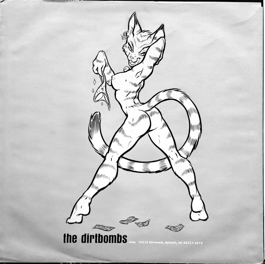 1998 album_cover anthro back_muscles barely_visible_genitalia barely_visible_pussy black_and_white breasts butt canid canine canis clothing cover domestic_cat domestic_dog ear_piercing ear_ring english_text felid feline felis female fur genitals grin hi_res holding_clothing holding_object holding_underwear in_the_red joe_rosales mammal money monochrome nipples nude piercing pinup pose pussy rear_view smile solo striped_body striped_fur stripes stripper text the_dirtbombs tiptoes underwear