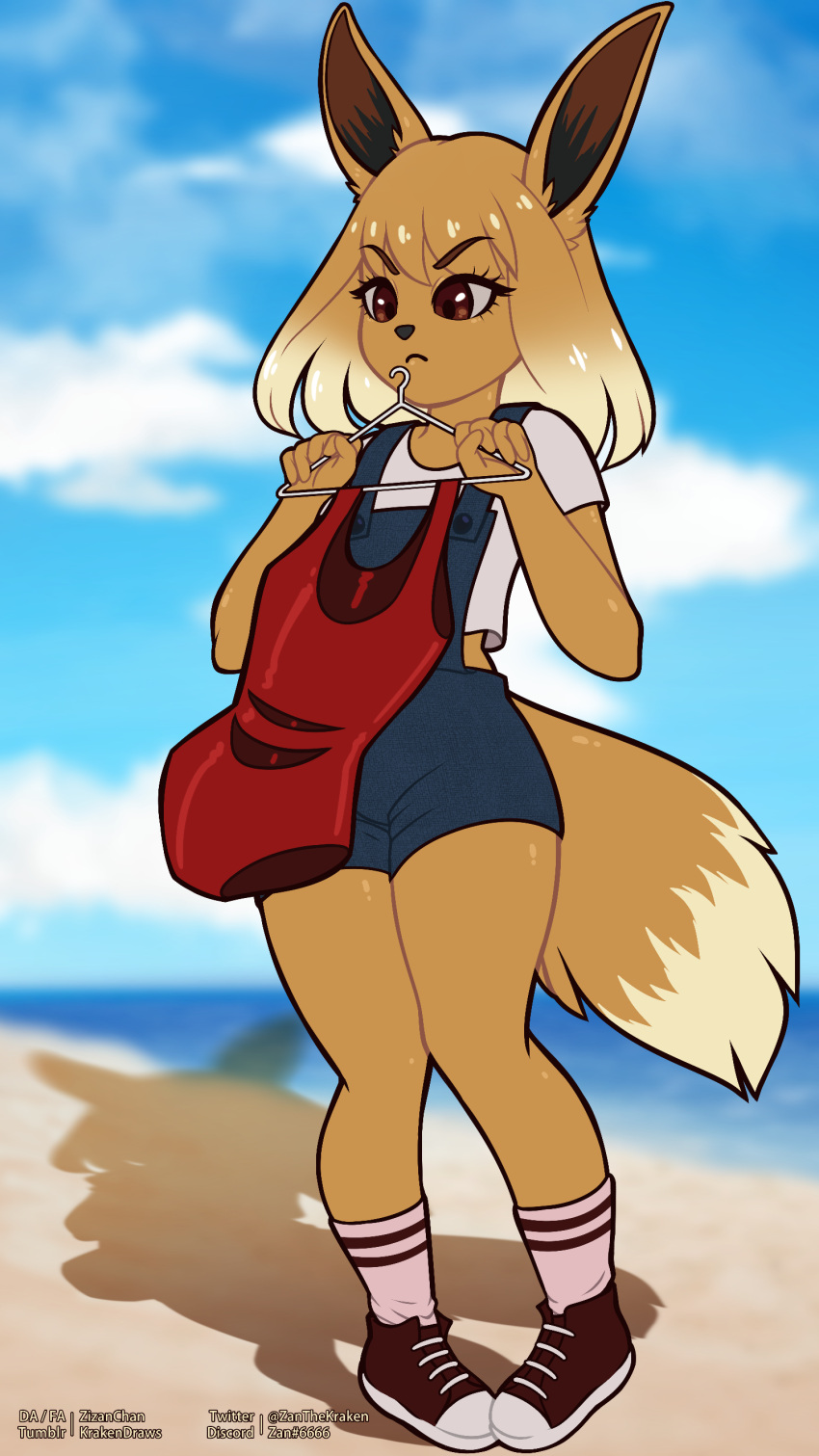 2021 5_fingers absurd_res ambiguous_gender anthro beach bottomwear brown_eyes clothed clothing digital_media_(artwork) eevee eyelashes fingers fluffy fluffy_tail fur gradient_hair hair hi_res long_ears nintendo outside overalls pok&eacute;mon pok&eacute;mon_(species) pouting seaside signature simple_background solo standing swimwear thick_thighs topwear video_games widescreen zankraken