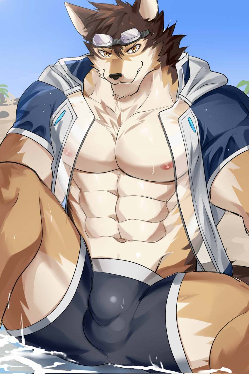 2021 abs anthro barrel_(live-a-hero) bottomwear bulge canid canine chung0_0 clothed clothing digital_media_(artwork) eyewear fur goggles hi_res lifewonders live-a-hero male mammal muscular muscular_anthro muscular_male nipples open_clothing open_topwear pecs topwear video_games