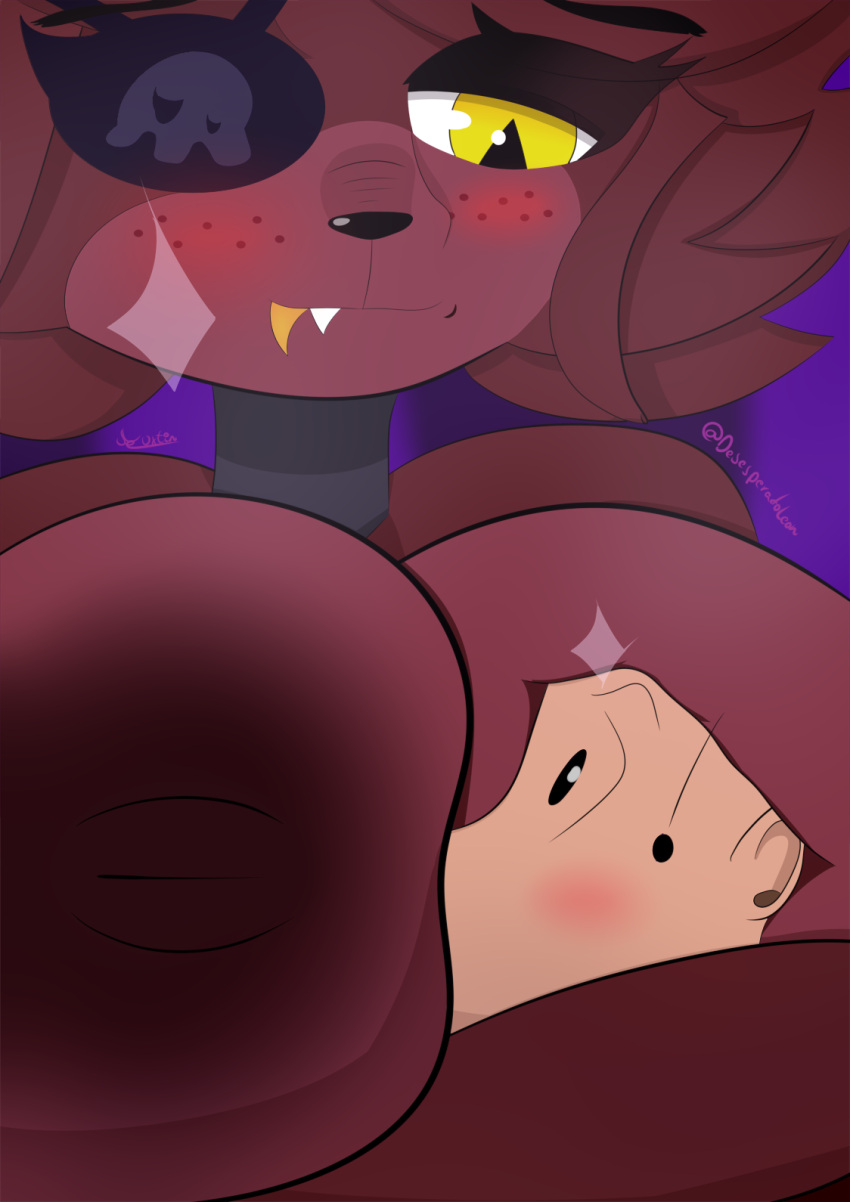 animatronic anthro big_breasts breast_squish breasts canid canine crossgender desesperadoleon duo embrace eye_patch eyewear female five_nights_at_freddy's fox foxy_(fnaf) gold_(metal) gold_tooth hair hi_res hug huge_breasts machine male male/female mammal mature_female nipples red_body red_hair robot sharp_teeth smothering squish teeth video_games