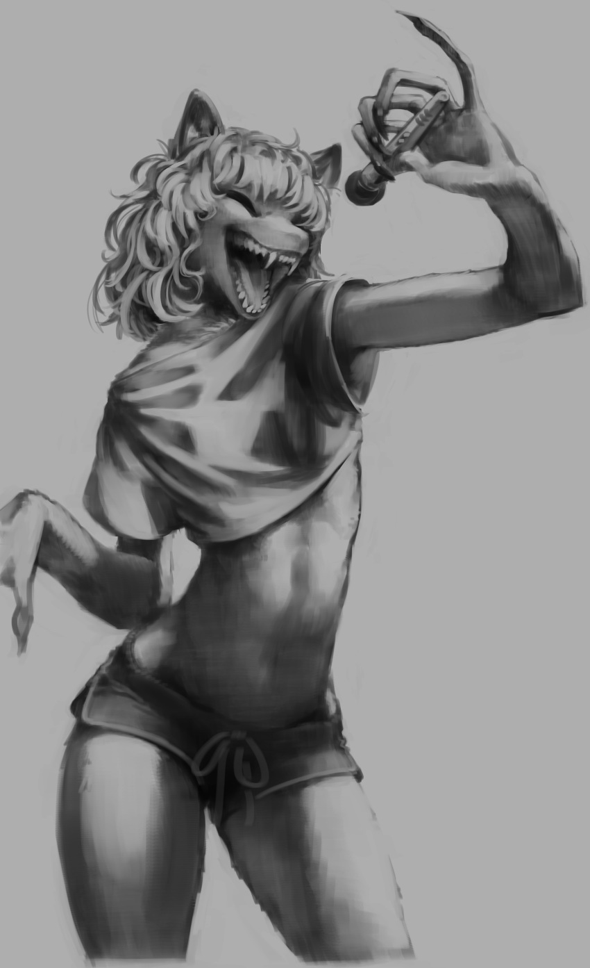 2021 absurd_res anthro biped bottomwear breasts claws clothed clothing crop_top curled_hair digital_drawing_(artwork) digital_media_(artwork) eldritch_horror eyes_closed female flat_chested fur grey_background greyscale hair hi_res holding_microphone holding_object hotpants long_fingers microphone missy_(napalm_express) monochrome napalm_express open_mouth open_smile portrait sharp_teeth shirt shorts simple_background small_breasts smile solo teeth three-quarter_portrait topwear