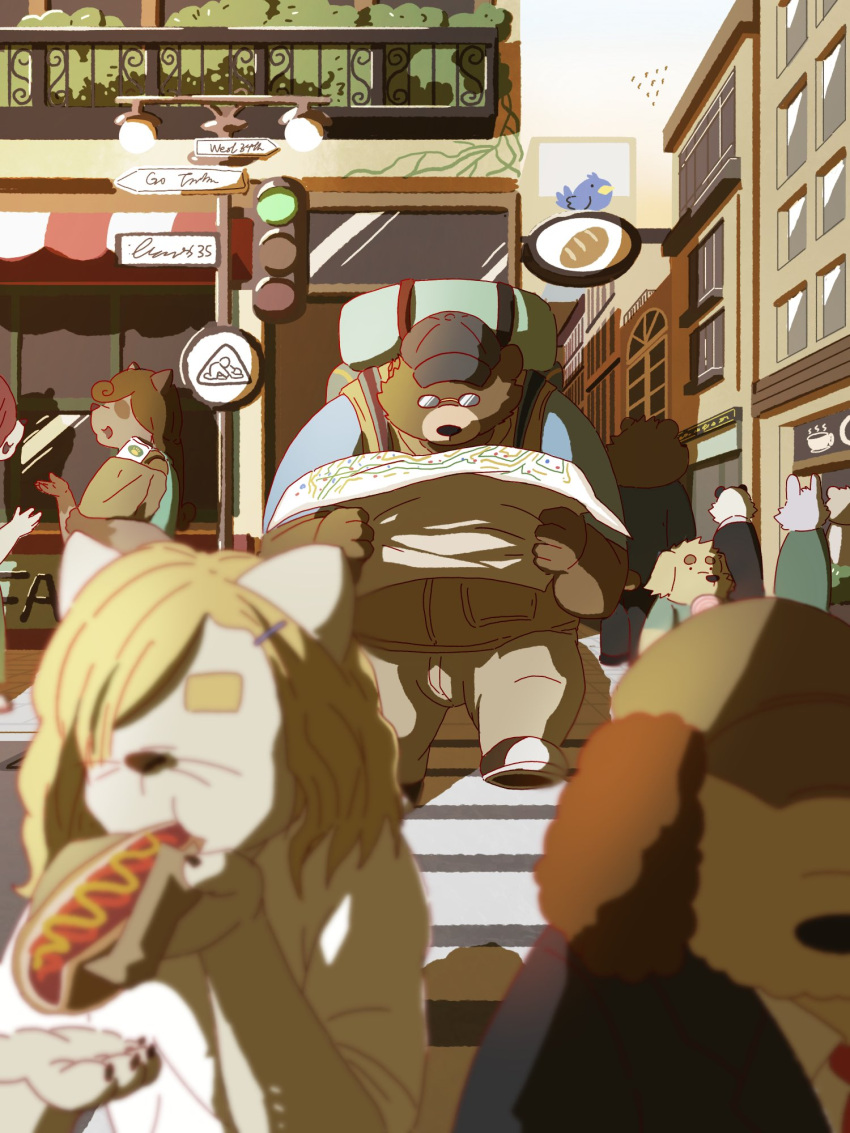2021 3:4 anthro bottomwear brown_body canid canine canis clothing detailed_background domestic_dog eating eyewear food glasses group hat headgear headwear hi_res hot_dog humanoid_hands kemono male mammal outside overweight overweight_male pants rvldlufsyyusigc shirt topwear ursid