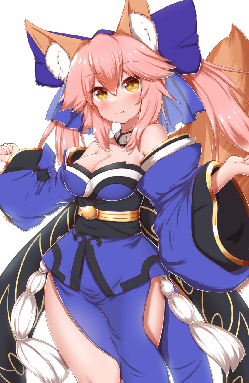 2021 accessory animal_humanoid big_breasts blush breasts brown_body brown_fur canid canid_humanoid canine canine_humanoid caster_tamamo-no-mae cleavage clothed clothing cute_fangs fate_(series) female fox_humanoid fur hair hair_accessory hair_bow hair_ribbon hi_res horokusa0519 humanoid inner_ear_fluff mammal mammal_humanoid pink_hair ribbons smile solo translated_description tuft white_body white_fur yellow_eyes