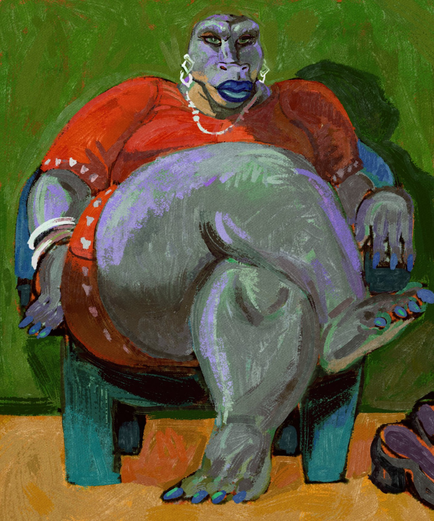5:6 anthro barefoot big_breasts big_butt big_feet big_legs blue_body blue_lipstick blue_nails blue_scales breasts butt clothing colored_nails crossed_legs dinosaur dress dyna_soar ear_piercing ear_ring expressionism eyelashes eyeshadow feet female green_background green_eyes grey_body grey_scales hi_res high_heels inside jewelry leg_on_thigh lips lipstick looking_at_viewer makeup nails necklace overweight painting_(artwork) piercing portrait red_clothing red_dress reptile saurian_(disambiguation) scales scalie simple_background sitting sitting_in_chair solo thick_lips thick_thighs traditional_media_(artwork)