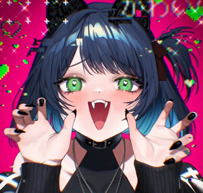 1boy :3 :d \||/ aegyo_sal animal_ears bare_shoulders black_collar black_hair black_jacket black_nails black_shirt blue_hair blurry blush bow brown_bow cat_ears chain chain_necklace chromatic_aberration collar collarbone colored_inner_hair commentary commission crossdressing crossdressing_(mtf) cutout_eyelashes depth_of_field english_commentary eyelashes fake_animal_ears fangs fingernails from_above glitch gradient_hair green_eyes hair_bow hands_up heart heart_in_eye highres jacket jacket_partially_removed jewelry long_fingernails long_sleeves looking_at_viewer looking_up male_focus multicolored_hair necklace one_side_up open_clothes open_jacket open_mouth pink_background pixel_art_inset portrait puffy_long_sleeves puffy_sleeves raised_inner_eyebrows ryoune_yami second-party_source sharp_fingernails shirt short_hair sidelocks simple_background sleeveless sleeveless_shirt smile solo straight-on swept_bangs symbol_in_eye teeth trap two-tone_hair upper_teeth_only utau vignetting wolrero