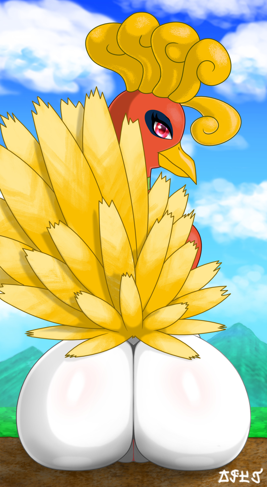 2021 absurd_res anthro anthrofied avian beak big_butt bird butt digital_drawing_(artwork) digital_media_(artwork) feathers female genitals hi_res ho-oh jose-497 legendary_pok&eacute;mon looking_at_viewer looking_back mythological_avian mythological_firebird mythology nintendo nude orange_body orange_feathers pok&eacute;mon pok&eacute;mon_(species) pussy red_eyes signature sitting sky solo tail_feathers thick_thighs video_games white_body white_feathers wide_hips yellow_beak yellow_body yellow_feathers