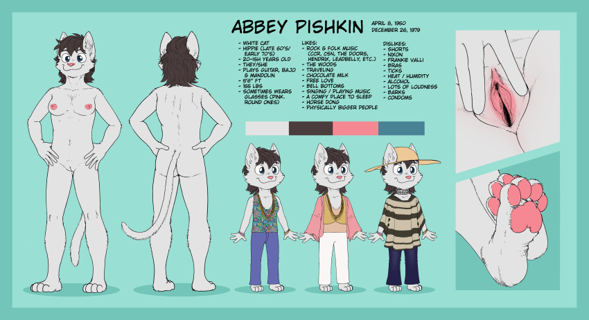 abbey_pishkin_(schizoid_cat) absurd_res anthro black_hair blue_border blue_eyes border breasts butt chibi domestic_cat felid feline felis female fur genitals hair hands_on_hips hi_res hippie jewelry lazzzy_drawings mammal model_sheet necklace nude paisley_pattern pawpads paws pussy smile solo spread_pussy spreading sun_hat white_body white_fur