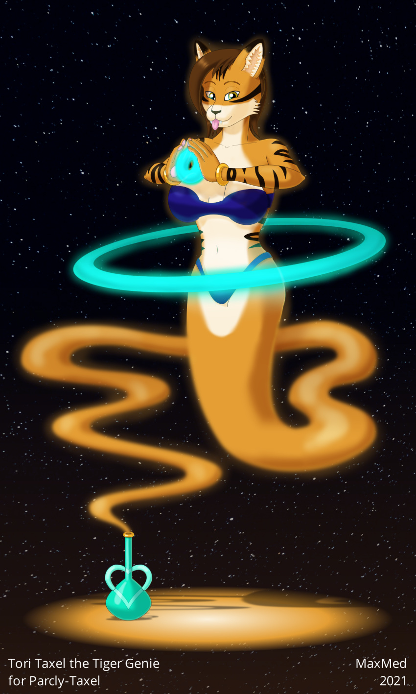 &lt;3 2021 3:5 absurd_res anthro black_stripes bra bracelet breasts brown_hair clothing cosmic_background countershading english_text fangs felid female floating genie glowing gold_(metal) gold_jewelry hair hi_res holding_object hula_hoop inner_ear_fluff jewelry looking_at_viewer magic magic_user mammal maxmed midriff orange_body pantherine panties purple_bra purple_clothing purple_panties purple_underwear ring signature solo starry_background strapless_bra strapless_clothing strapless_underwear stripes tan_body tan_countershading text tiger tongue tongue_out tori_taxel tuft underwear vase yellow_eyes