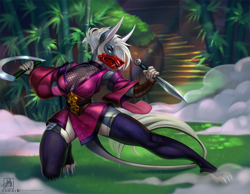 anthro breasts canid canine clothing female holding_knife holding_object knife legwear mammal ninja solo stairs thigh_highs warrior yurai