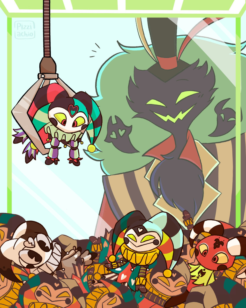 asmodeus_(helluva_boss) chest_tuft claw_machine clothed clothing demon detailed_foreground doll feathers fizzarolli_(helluva_boss) hat headgear headwear helluva_boss hi_res humanoid jester machine male pizzi_achio signature simple_background solo top_hat tuft