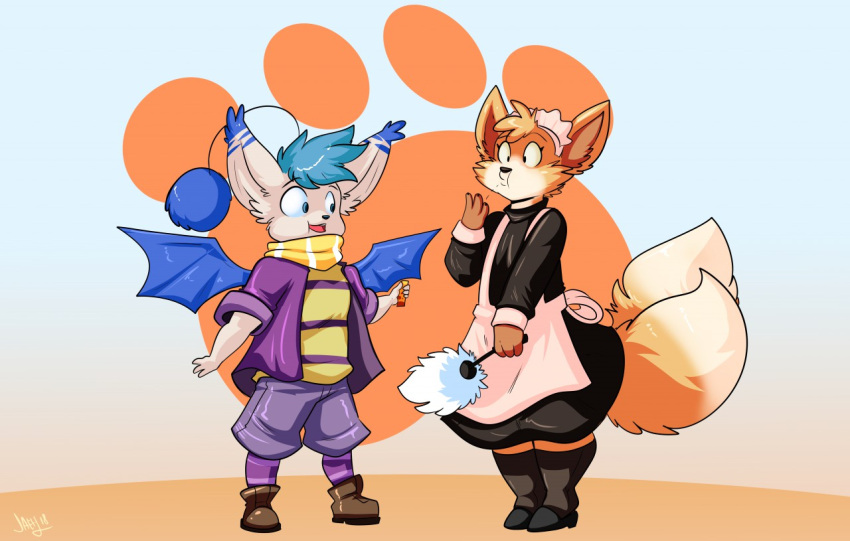 2_tails anthro apron blue_hair boots candy canid canine chewing chewing_gum cleaning_tool clothed clothing dessert duo feather_duster final_fantasy food footwear fox fully_clothed gum hair jaeh maid_headdress maid_uniform male mammal moogle multi_tail scarf shoes square_enix uniform video_games wings