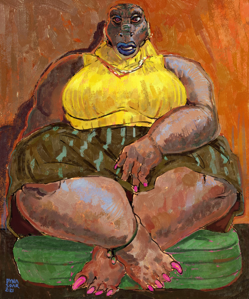 5:6 anthro barefoot big_breasts big_feet big_legs blue_lipstick breasts brown_body brown_scales brown_skin claws clothed clothing colored_nails crossed_feet dinosaur dress dyna_soar ear_piercing ear_ring expressionism feet female front_view hand_on_lap hi_res inside jewelry lips lipstick looking_at_viewer makeup mouth_partially_open nails necklace overweight painting_(artwork) pattern_clothing piercing pillow pink_nails portrait reptile saurian_(disambiguation) scales scalie signature sitting sleeveless_turtleneck solo striped_clothing stripes thick_lips thick_thighs topwear traditional_media_(artwork) yellow_clothing yellow_topwear