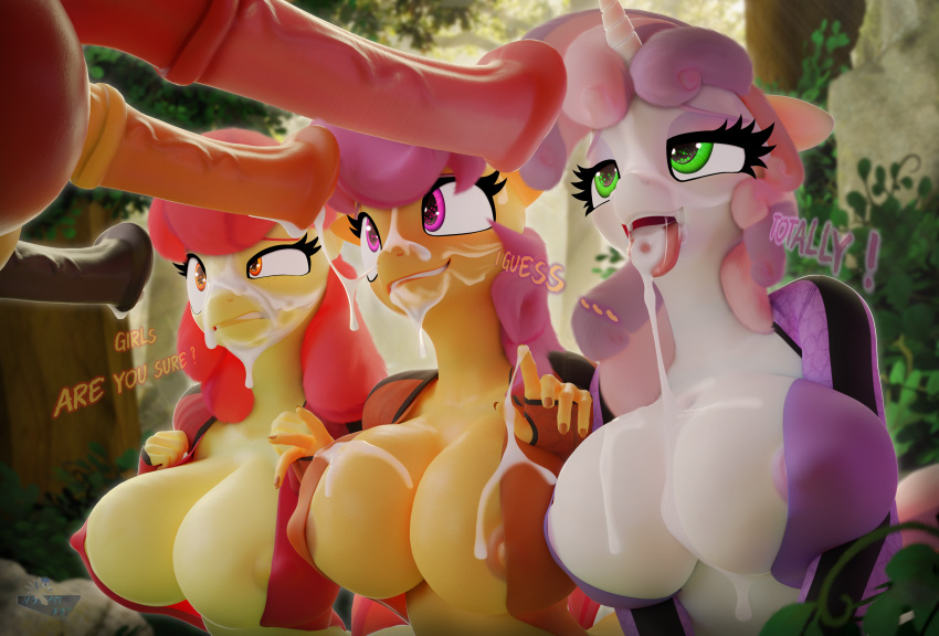 3d_(artwork) absurd_res anthro apple_bloom_(mlp) areola big_breasts big_macintosh_(mlp) blender_(software) bodily_fluids breasts clothed clothing cum cum_in_mouth cum_inside cum_on_breasts cum_on_face cum_string digital_media_(artwork) disembodied_penis equid equine female friendship_is_magic genital_fluids genitals group hasbro hi_res hooves-art horse huge_breasts male male/female mammal my_little_pony open_clothing open_mouth open_shirt open_topwear penis pony scootaloo_(mlp) shirt sweetie_belle_(mlp) thunderlane_(mlp) topwear