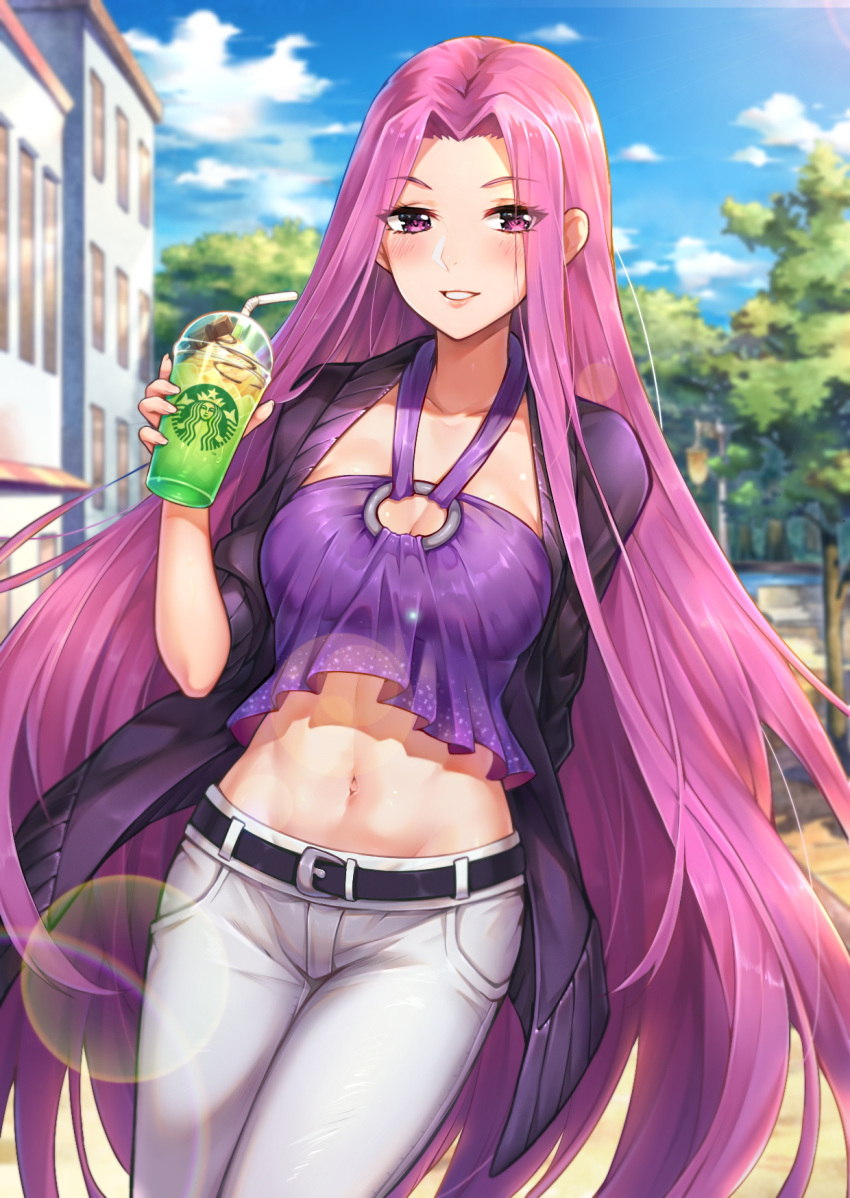 1girl alternate_costume arm_behind_back belt belt_buckle black_jacket blue_sky blurry blurry_background breasts buckle building casual chocolate_bar choukoukou_no_diaosi cleavage cloud collarbone cowboy_shot crop_top cup day depth_of_field disposable_cup drinking_straw dutch_angle fate/grand_order fate_(series) fingernails forehead halter_top halterneck highres holding holding_cup jacket large_breasts lens_flare long_fingernails long_hair looking_at_viewer midriff navel o-ring o-ring_top open_clothes open_jacket outdoors pants parted_lips purple_eyes purple_hair rider shiny shiny_hair short_sleeves sky smile solo starbucks stomach straight_hair town tree very_long_hair white_pants