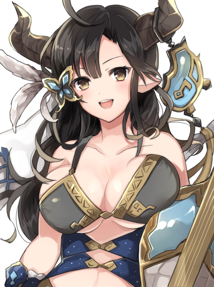 1girl :d augusta_(granblue_fantasy) bare_shoulders black_hair breasts butterfly_hair_ornament cleavage collarbone draph dress feathers granblue_fantasy hair_feathers hair_ornament highres horn_ornament horns large_breasts long_hair open_mouth pointy_ears simple_background smile solo upper_body white_background yellow_eyes yuzuru_(xxelysionxx)