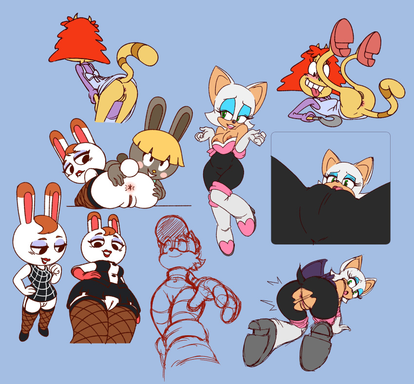 absurd_res all_fours animal_crossing anthro anus archie_comics blue_background bonbon_(animal_crossing) bottomless breasts butt camel_toe chipposter chiropteran cleavage clothed clothing domestic_cat dr._hutchison dress felid feline felis female female/female fishnet fishnet_legwear footwear front_view garter_straps genitals group hair hi_res hook_hand lagomorph legs_up legwear leporid low-angle_view mammal multiple_images nickelodeon nintendo nipple_slip presenting_partner pussy rabbit rear_view red_hair rocko's_modern_life rouge_the_bat sally_acorn sega shoes simple_background sketch sketch_page sonic_the_hedgehog_(archie) sonic_the_hedgehog_(comics) sonic_the_hedgehog_(series) spread_butt spreading tiffany_(animal_crossing) tongue tongue_out torn_clothing video_games wardrobe_malfunction