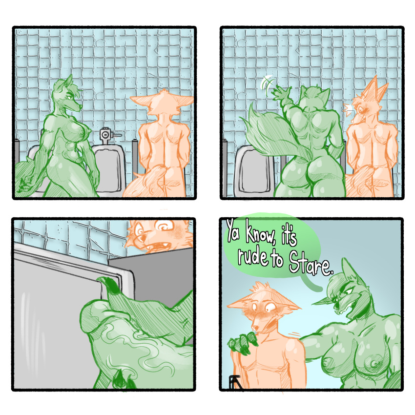 1:1 abs absurd_res anthro balls bathroom biceps big_balls big_breasts big_butt big_penis blush breasts butt canid canine comic comic_sans dialogue digital_media_(artwork) duo embarrassed english_text erection exhibitionism female fox frozenartifice fur genitals hair herm hi_res huge_breasts huge_butt huge_penis humanoid_genitalia humanoid_penis humor hyenaface intersex intersex/male male mammal muscular muscular_anthro nipples nude penis public public_nudity public_restroom restroom_stall simple_background size_difference size_play smile speech_bubble submissive submissive_male text thick_thighs urinal voyeur wide_hips