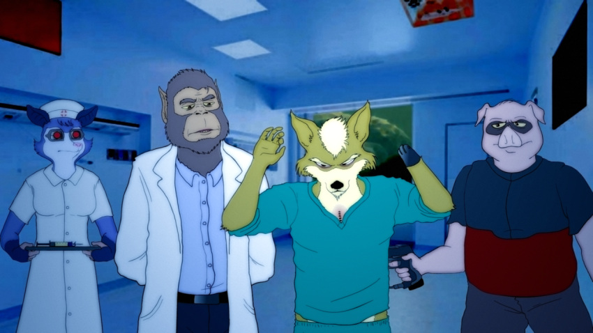 16:9 amputee andross anthro blonde_hair brown_body brown_fur canid canine chest_scar clothed clothing disability doctor domestic_pig female fox fredryk_phox fully_clothed fur grey_body grey_fur group gun hair hospital_room james_mccloud male mammal marsupial missing_arm multicolored_body multicolored_fur nintendo nurse_clothing nurse_uniform phalangeriform photo_background pigma_dengar pink_body pink_skin primate ranged_weapon scar scrubs star_fox star_fox_the_animated_series suid suina surrendering sus_(pig) syringe uniform video_games weapon widescreen wounded yellow_body yellow_fur