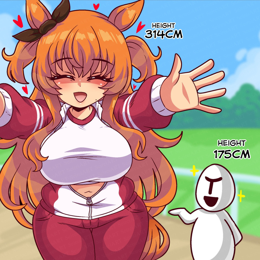 1boy 1girl alternate_breast_size_(larger) animal_ears blue_sky blush bow breasts brown_ribbon commentary ear_bow ear_ribbon gym_shirt hair_between_eyes heart height_difference highres horse_ears horse_girl horse_tail jacket large_breasts long_hair long_sleeves mayano_top_gun_(umamusume) midriff navel open_mouth orange_hair orange_tail outdoors outstretched_arms pants red_jacket red_pants red_track_suit ribbon seireiart shirt sky t-head_trainer_(umamusume) tail tracen_training_uniform track_jacket track_pants track_suit trainer_(umamusume) two_side_up umamusume white_shirt