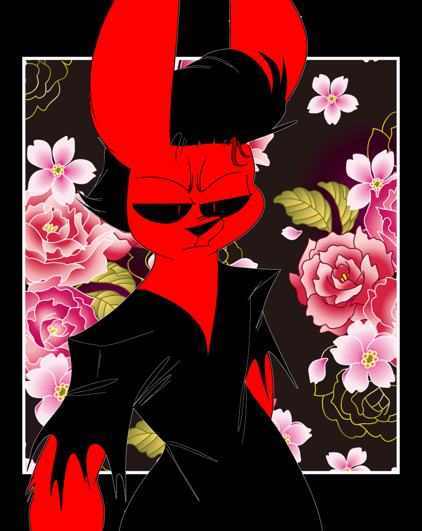 absurd_res adultpartypunch anthro black_and_red bottomwear canid canine canis clothed clothing damian_(zoophobia) demon digital_media_(artwork) domestic_dog fur hair hi_res looking_at_viewer male mammal red_body simple_background skirt solo topwear zoophobia