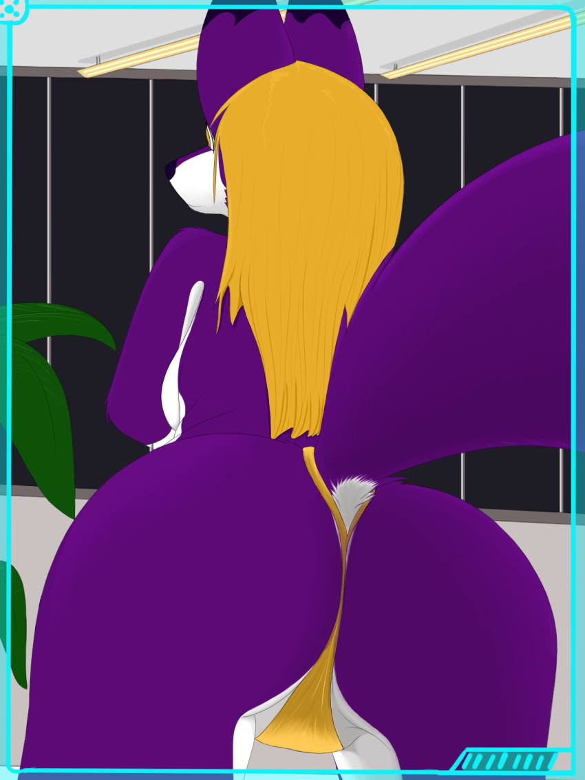 3:4 anthro blonde_hair butt canid canine clothing curves female fluffy fluffy_tail fox fur future hair hi_res humanoid mammal plant purple_body purple_fur soft solo sporefox sporefox1 thong underwear