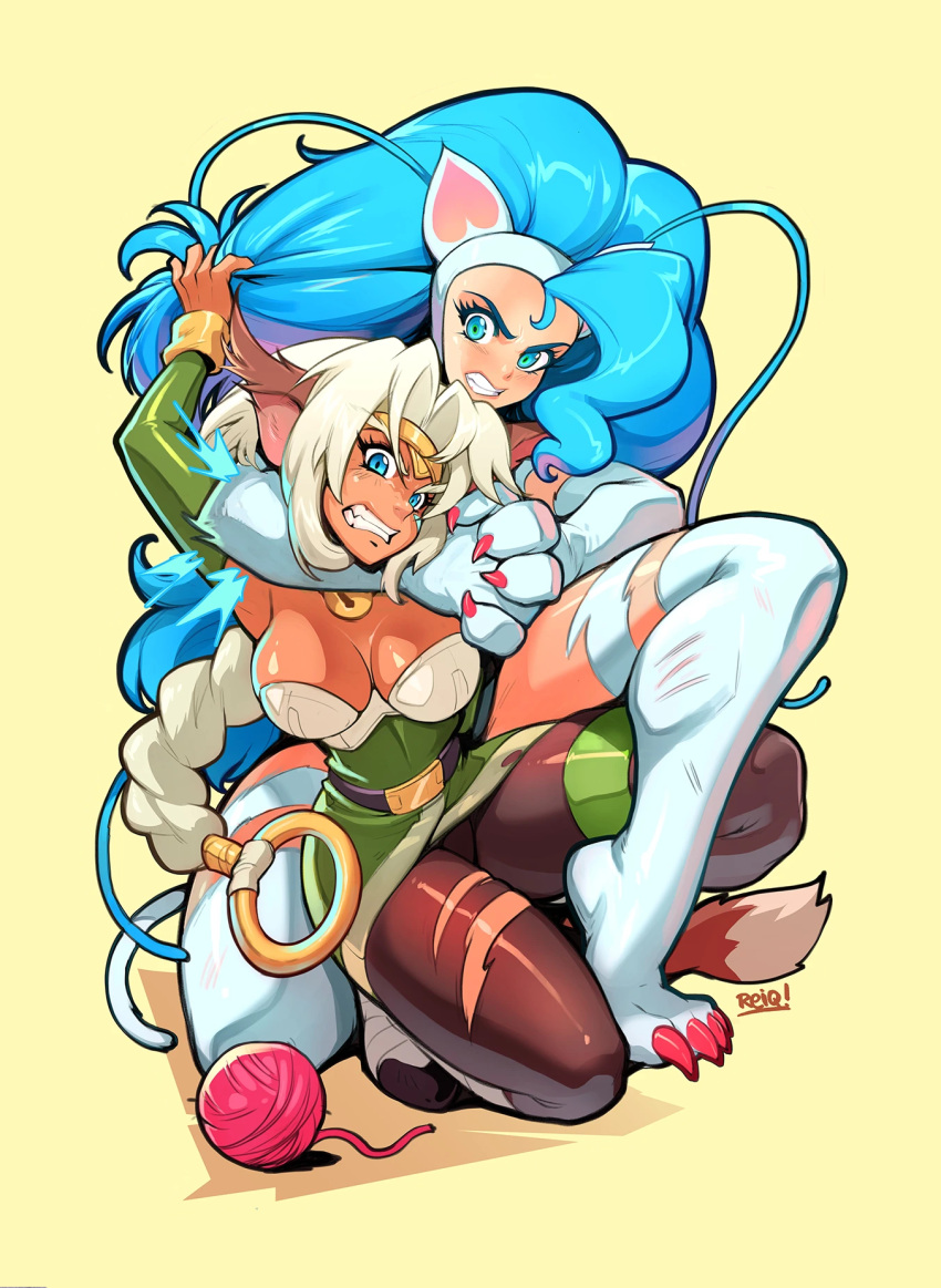 aisha_clanclan animal_humanoid ball_of_yarn bell bell_collar big_breasts big_hair blue_hair braided_hair braided_ponytail breasts brown_body brown_skin capcom cat_humanoid cleavage clenched_teeth clothed clothing collar crossover darkstalkers dipstick_tail duo edit eyebrows fangs felicia_(darkstalkers) felid felid_humanoid feline feline_humanoid female fight fur hair headlock hi_res humanoid mammal mammal_humanoid markings motion_lines outlaw_star paws pulling_hair reiq scratches sharp_teeth tail_markings teeth thick_eyebrows torn_clothing touching_hair video_games white_body white_fur white_hair yarn