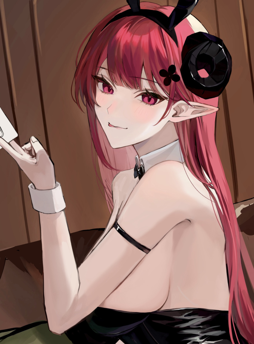 1girl animal_ear_hairband animal_ears arm_strap azur_lane black_bow black_bowtie black_horns black_leotard bow bowtie breasts card clover_hair_ornament commentary_request curled_horns demon_girl demon_horns detached_collar dokamero_ya fake_animal_ears forward-facing_horns hair_ornament hairband highres hindenburg_(azur_lane) hindenburg_(delirious_duel)_(azur_lane) holding holding_card horns leotard long_hair official_alternate_costume playboy_bunny playing_card pointy_ears rabbit_ear_hairband rabbit_ears red_eyes red_hair sideboob solo tongue tongue_out traditional_bowtie upper_body