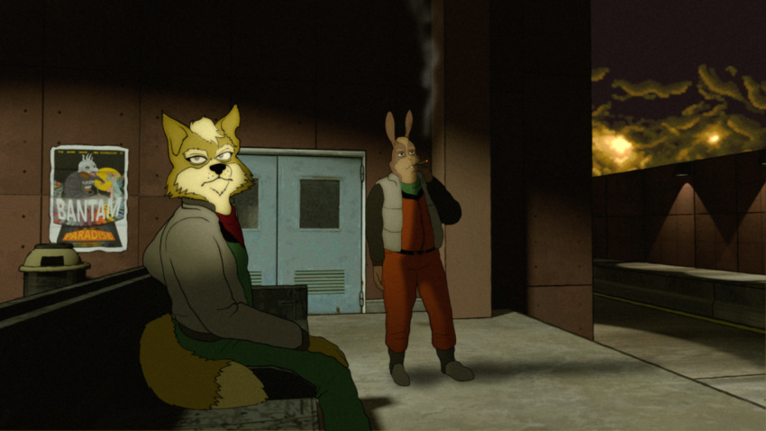 16:9 3d_background anthro black_nose blonde_hair blue_eyes canid canine duo fluffy fluffy_tail fox fredryk_phox fur hair james_mccloud lagomorph leporid male mammal mature_male multicolored_body multicolored_fur nintendo peppy_hare poster rabbit sitting smoking star_fox star_fox_the_animated_series trash_can video_games widescreen