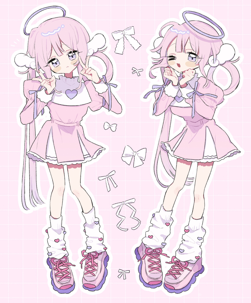 >_o 1girl :< ;3 ;d blush_stickers bow closed_mouth commentary_request dress frilled_dress frills full_body hair_ornament hair_rings halo hands_up heart highres juliet_sleeves long_hair long_sleeves looking_at_viewer multiple_views niyu_(nennenkorori3) one_eye_closed open_mouth original outline pink_background pink_hair pink_shoes puffy_sleeves purple_bow purple_halo shoes short_dress simple_background sleeve_bow smile sneakers socks standing white_bow white_dress white_outline white_socks wing_hair_ornament