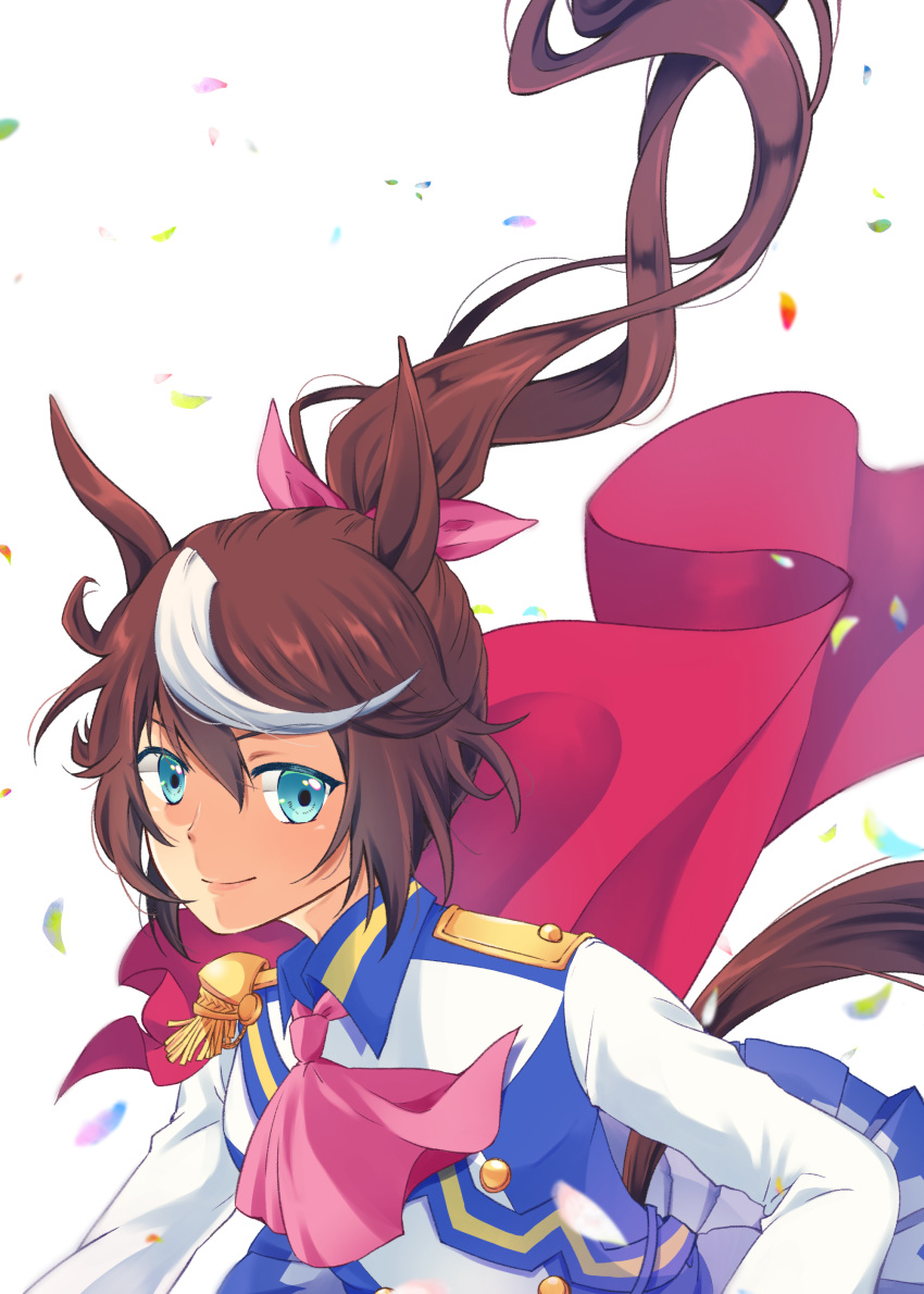 1girl absurdres animal_ears ascot blue_eyes blush brown_hair buttons cape closed_mouth commentary_request confetti double-breasted ear_ribbon epaulettes hair_between_eyes hana_moon_ask highres horse_ears horse_girl horse_tail jacket long_hair long_sleeves looking_at_viewer multicolored_hair multicolored_jacket pink_ascot ponytail red_cape single_epaulette single_hair_streak skirt smile solo streaked_hair tail tokai_teio_(peak_joy)_(umamusume) tokai_teio_(umamusume) two-tone_hair two-tone_jacket two-tone_skirt umamusume white_hair white_jacket white_skirt white_streaks