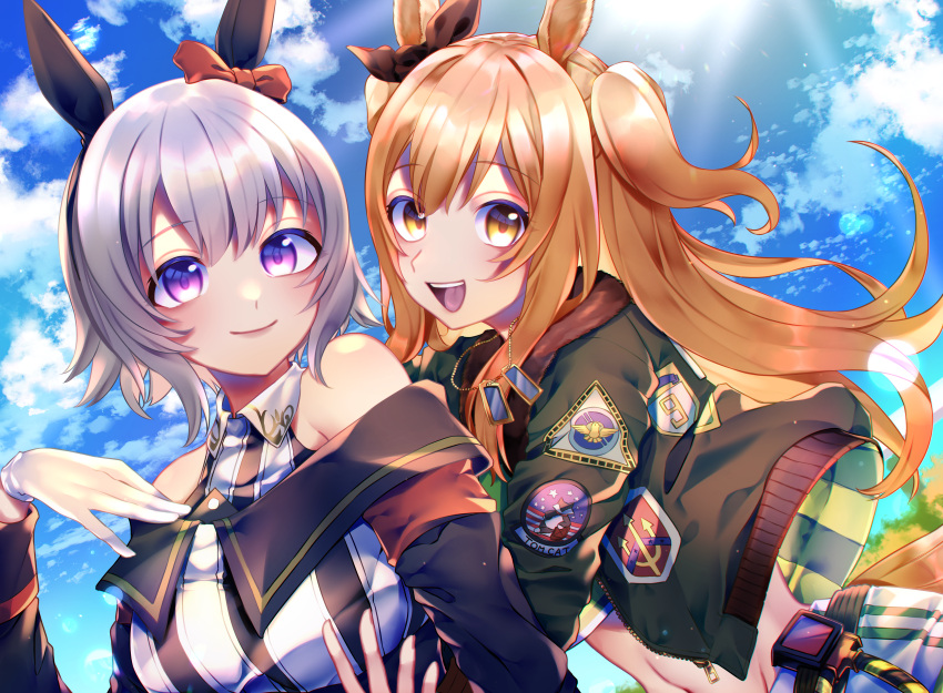 2girls absurdres animal_ears bare_shoulders belt blue_sky blush bomber_jacket bow breasts brown_ribbon closed_mouth cloud coat crop_top curren_chan_(fille_eclair)_(umamusume) curren_chan_(umamusume) dog_tags dress ear_bow ear_covers ear_ribbon gloves green_belt green_jacket grey_hair highres horse_ears horse_girl horse_tail jacket long_hair looking_at_viewer mayano_top_gun_(scramble_zone)_(umamusume) mayano_top_gun_(umamusume) medium_breasts midriff multiple_girls navel off-shoulder_coat off-shoulder_dress off-shoulder_jacket off_shoulder om_rm1101 open_clothes open_jacket open_mouth orange_hair orange_tail purple_eyes red_bow ribbon short_hair shorts sky smile striped_clothes striped_dress tail teeth two_side_up umamusume upper_teeth_only vertical-striped_clothes vertical-striped_dress white_gloves white_shorts