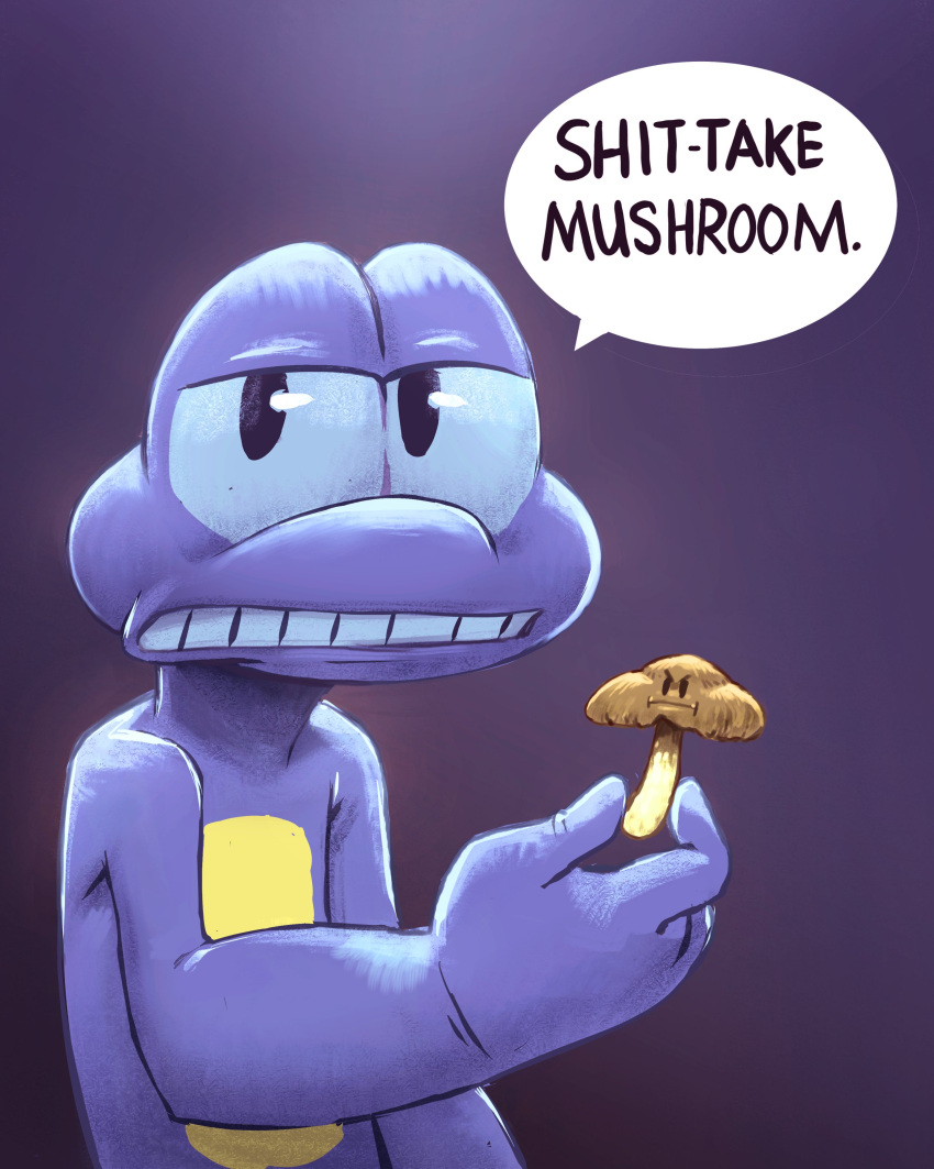 2021 4:5 absurd_res amphibian animate_inanimate anthro blue_body dialogue duo english_text frog fungus hi_res humor looking_at_viewer mattsstupidart mushroom politics pun simple_background speech_bubble talking_to_viewer text