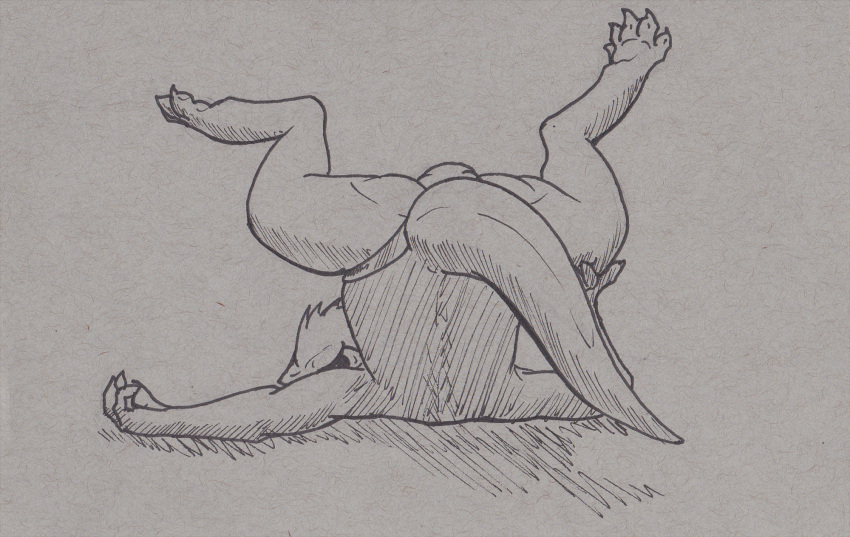 anthro bryce_daeless butt clothing doesnotexist hi_res lutrine lying male mammal monochrome mustelid on_back panties paws presenting raised_paw solo underwear