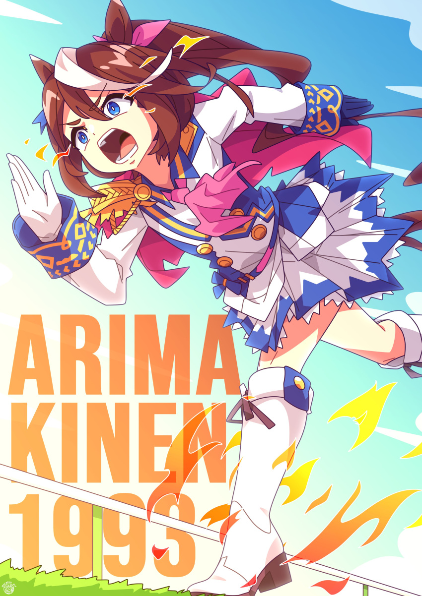 1girl absurdres animal_ears arima_kinen ascot asymmetrical_gloves blue_eyes blue_gloves blue_sky boots brown_hair buttons cape cloud commentary double-breasted ear_ribbon epaulettes gloves hair_between_eyes highres historical_event horse_ears horse_girl horse_tail jacket long_hair long_sleeves mismatched_gloves multicolored_hair multicolored_jacket open_mouth outdoors pink_ascot ponytail red_cape running scalizo single_epaulette single_hair_streak skirt sky solo streaked_hair tail teeth tokai_teio_(peak_joy)_(umamusume) tokai_teio_(umamusume) two-tone_hair two-tone_jacket two-tone_skirt umamusume white_boots white_gloves white_hair white_jacket white_skirt white_streaks