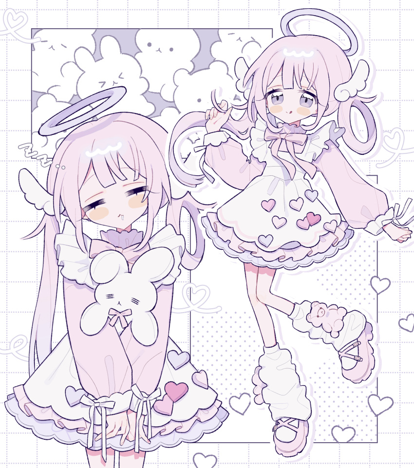 1girl :< :q absurdres apron blunt_bangs blush_stickers bow bowtie closed_eyes closed_mouth commentary_request dress drooling full_body grid_background hair_ornament hair_rings halo hand_up highres long_hair long_sleeves multiple_views niyu_(nennenkorori3) original outline pink_bow pink_bowtie pink_dress pink_hair pink_shoes purple_halo shoes side_ponytail single_hair_ring sleeping sleeve_bow smile socks standing standing_on_one_leg tongue tongue_out white_apron white_background white_bow white_outline white_socks wing_hair_ornament zzz