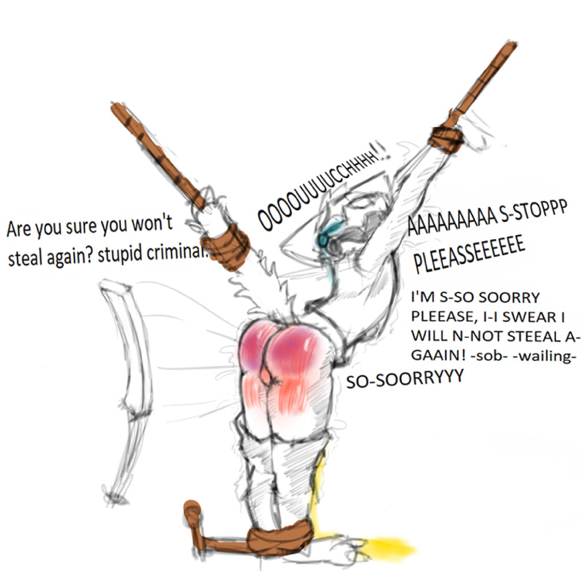 1:1 absurd_res anthro arms_tied bodily_fluids bound butt crying domestic_cat english_text felid feline felis frustrated_robbery genital_fluids hi_res legs_tied male mammal pain peeing red_butt robbery sadism screaming solo spank_marks spanked_butt spanking tears text trapodraws urine wetting