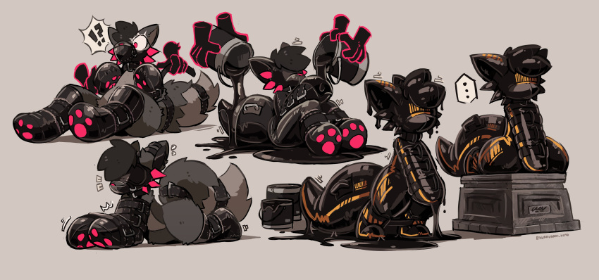 2025 4_fingers absurd_res anthro barcode bdsm berkut_(shadowdust) biped blindfold bondage booties bound canid canine canis clothed clothing digital_media_(artwork) disembodied_hand ellipsis facial_markings fingers fur group handwear head_markings hi_res interrobang kneeling kurousagi_kemo latex liquid_latex male mammal markings mittens paint_bucket sculpture sequence simple_background solo_focus statue statuefication struggling surprised toony transformation transformation_sequence wolf yellow_markings