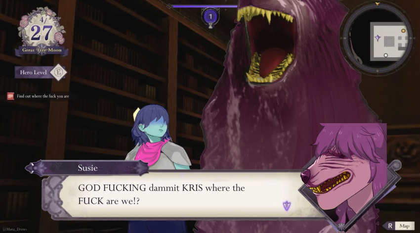 2021 anthro clothed clothing deltarune duo english_text fangs female fire_emblem fire_emblem_three_houses hair hi_res human humor inside kris_(deltarune) kris_where_are_we library male mammal mana_draws meme monster nintendo open_mouth parody profanity purple_body purple_hair screencap screencap_background sharp_teeth susie_(deltarune) teeth text text_box undertale_(series) video_games