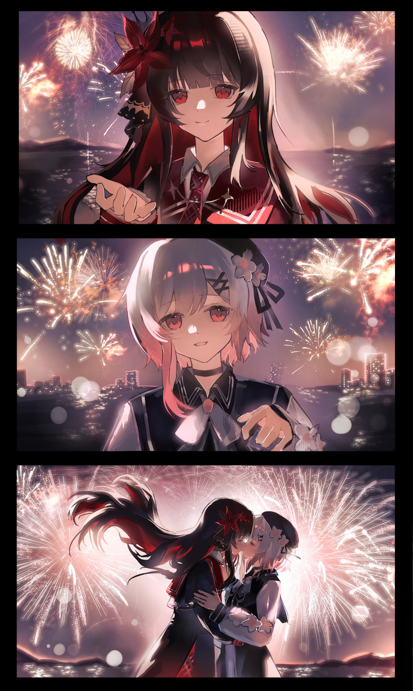 2girls absurdres aerial_fireworks artist_request backlighting beret black_border black_hair black_hat black_shirt border chinese_commentary closed_eyes closed_mouth commentary_request commission fireworks floating_hair flower gradient_hair hair_flower hair_ornament hat highres hug kiss long_hair long_sleeves looking_at_viewer mahou_shoujo_no_majo_saiban multicolored_hair multiple_girls multiple_views necktie night nikaido_hiro outdoors pink_eyes pink_hair profile red_eyes red_flower red_necktie sakuraba_ema second-party_source shirt short_hair sky smile standing white_hair x_hair_ornament yuri